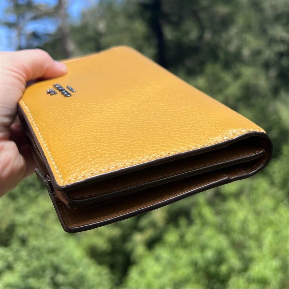 COACH Yellow Pebble Leather Bifold Snap Wallet with Gunmetal Hardware AUTHENTIC